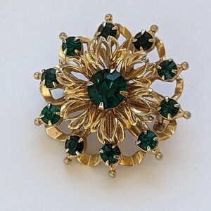 💚 Vintage Brooch Atomic Sunburst Starburst Green Emerald Color Rhinestone …